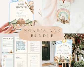 May include: A Noah's Ark themed baby shower stationery bundle featuring watercolor illustrations of a bearded figure, animals, and an ark. Includes an invitation, thank you tag, welcome sign, and various baby shower games with blue and earth-toned accents.