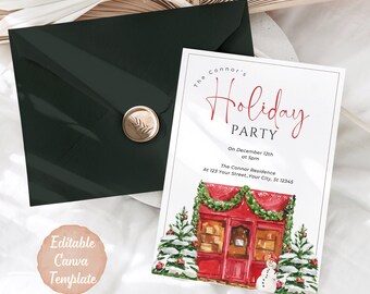 Modern Holiday Party Invitation: Christmas Scene (Editable Canva Template)