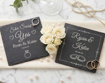 Posavasos de pizarra personalizados: regalo de compromiso o boda, recuerdo con nombres y fecha personalizados.