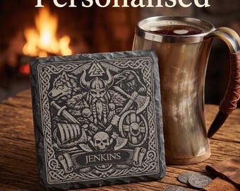 Posavasos de pizarra personalizado de inspiración vikinga / Posavasos nórdico celta grabado / Mitología nórdica