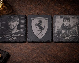 Juego de posavasos de pizarra Ferrari F1 – Decoración de automovilismo de Hamilton y Leclerc