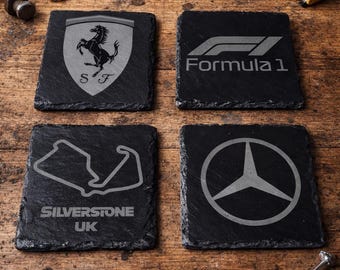 Posavasos de pizarra de Fórmula 1 – Decoración para aficionados de Silverstone, Ferrari y Mercedes F1