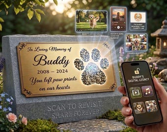 Placa conmemorativa inteligente personalizada para mascotas: escanee para revivir su historia.