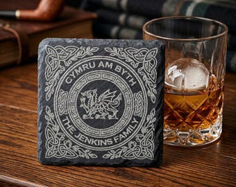 Posavasos personalizado de pizarra galesa – Diseño de dragón celta, regalo con nombre personalizado