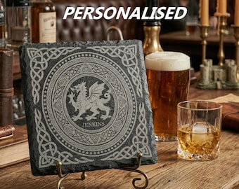 Posavasos de pizarra con dragón galés personalizado / Regalo con nombre y nudo celta personalizado