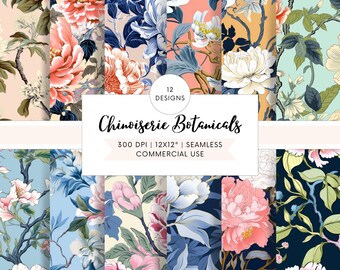 May include: A set of 12 digital paper designs featuring chinoiserie botanical patterns. The patterns include pink, blue, and white flowers, birds, and leaves on various backgrounds. The text "Chinoiserie Botanicals" is displayed in a white banner with the words "12 Designs", "300 DPI", "12x12"