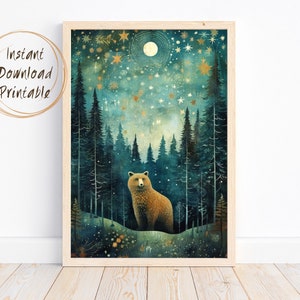 DIGITAL DOWNLOAD - Forest Animal and Starry Night Printable Wall Art, Nordic Scandinavian Woodland Folk Art, Modern Farmhouse Artwork Decor