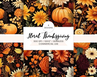 SEAMLESS PATTERN 8 Digital Papers - Vintage Style Thanksgiving Pages, Fall Autumn Harvest Bounty Backgrounds for Scrapbooking Junk Journal