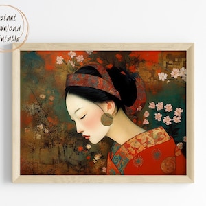 DIGITAL DOWNLOAD - Asian Woman Print, Beautiful Women Printable Oriental Bohemian Colorful Art, Modern Portrait Painting Instant Wall Art