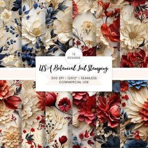NAADLOOS PATROON 12 Digital Papers- Botanische afdrukbare pagina's, VS wit rood blauw 3D bloemen herhaalbaar patroon voor commercieel gebruik, 12x12in