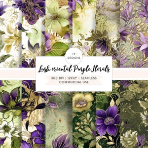 SEAMLESS MUSTER 12 Digitale Papiere - Orientalische asiatische Blumen Lila Grün Gold Scrapbook druckbare Journaling Hintergrund Seiten, kommerzielle Nutzung