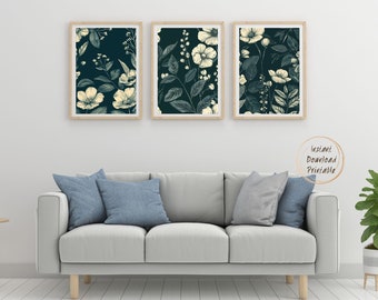 DESCARGA DIGITAL - Conjunto de 3 arte de pared imprimible floral, impresiones de pintura instantánea digital botánica boho moderna, decoración Cottagecore de granja
