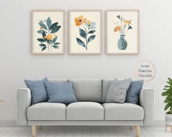 DESCARGA DIGITAL - Conjunto de 3 arte de pared imprimible floral, impresiones de pintura instantánea digital botánica boho moderna, decoración Cottagecore de granja