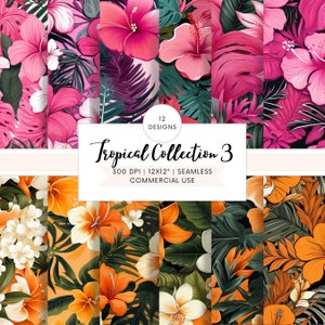 SEAMLESS PATTERN 12 Digital Papers - Tropical Pink Orange Hawaiian Flowers Pages, Floral Bundle, Hibiscus Scrapbooking Kit, Commercial Use