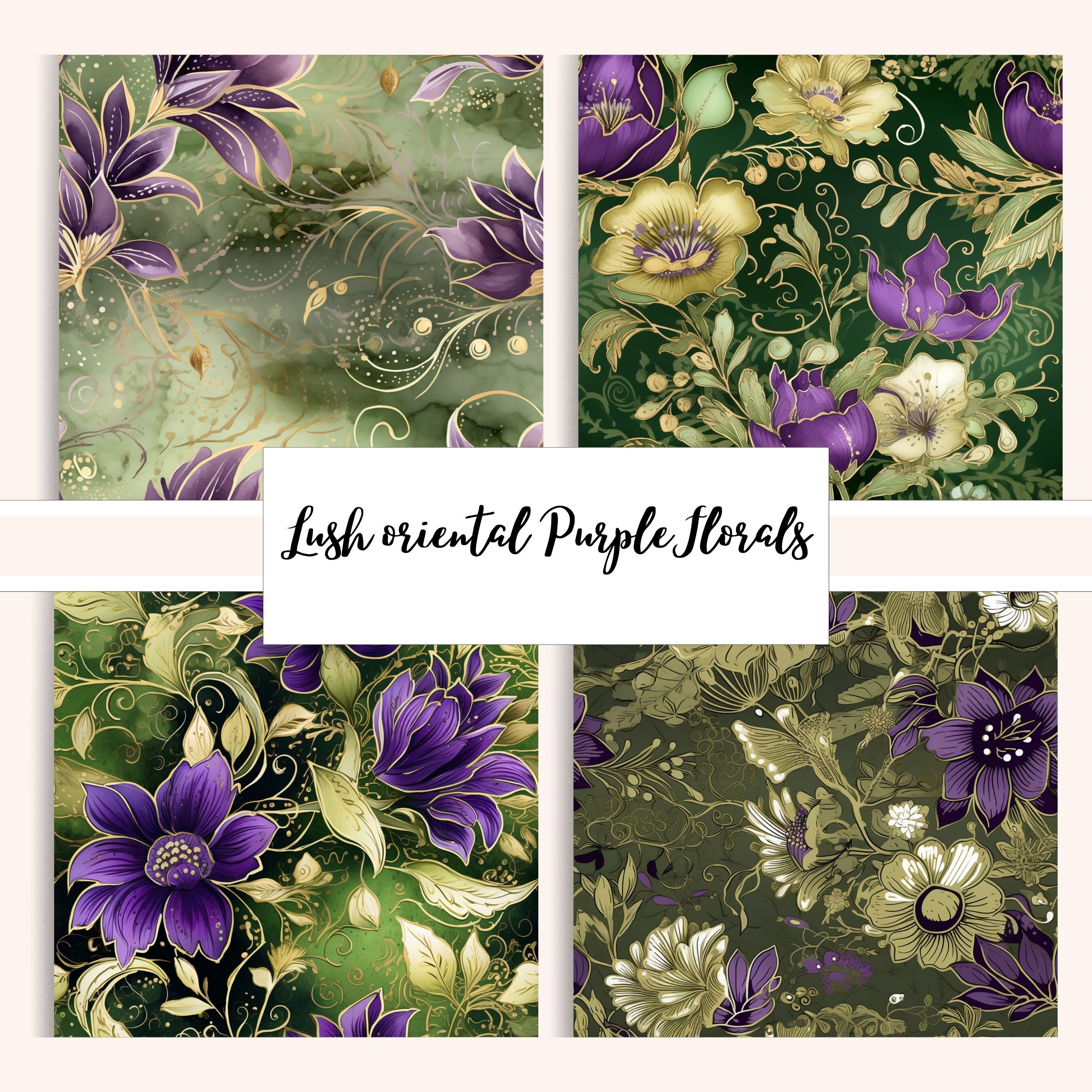 SEAMLESS PATTERN 12 Digital Papers Oriental Asian Flowers Purple Green ...