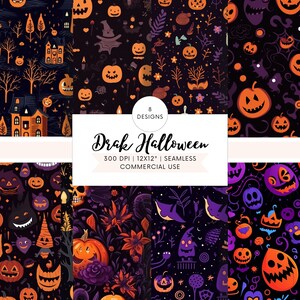 May include: Eight digital paper designs featuring a dark background with various Halloween themed illustrations, including pumpkins, ghosts, bats, and houses. The text "Drak Halloween" is displayed in a white banner.