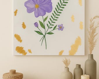 Handgeschilderde paarse bloem acryl canvas | Botanische muurkunst 20 x 20" | Bloemenschilderij goudaccent | Aards modern interieur