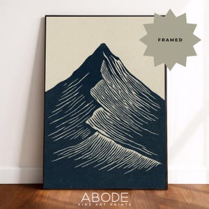 Modern Mountain FRAMED Print / Navy Blue Mountain / Minimalist Landscape Artwork / Abstract Mountain / Linocut Style Mountain Art for Cabin