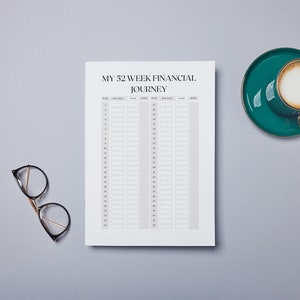 Pode incluir: Um rastreador de jornada financeira de 52 semanas imprimível com uma grade de 52 semanas, com colunas para o número da semana, economias, renda, gastos e notas. O rastreador está em uma superfície cinza com uma xícara de café e um par de óculos.