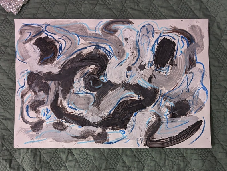 May include: Abstract painting with swirling lines and shapes in shades of black, grey, and blue.