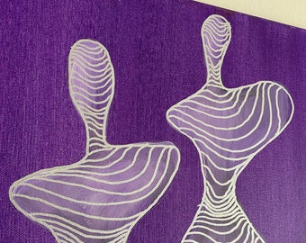 Pintura original abstrata de 16" x 20", "Topo-People", tinta acrílica/prateada sobre tela