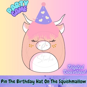 Squishmallow Birthday Game, Printable Party Poster and Birthday Hat Cut-Outs, Pin The Birthday Hat on Squishmallow Game, Birthday Party.