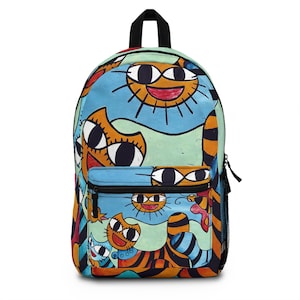 Colorful Cartoon Cat Backpack, Fun Cat Lover Travel Backpack, Modern Multicolor Cat Bag, Backpack Overnight Bag, Quirky Pet Travel Gift