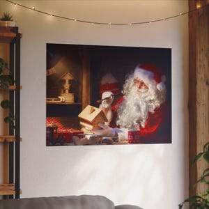 Santa&#39;s Workshop Poster, Christmas Wall Art of Santa Making Toys, Vintage Holiday Print, Santa Claus in Toy Shop, Festive Christmas Poster