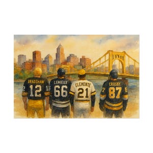 Pittsburgh Sports Legends Wall Art, Pittsburgh Skyline Watercolor Poster or Canvas, Steelers Penguins Pirates Gift, Roberto Clemente Bridge