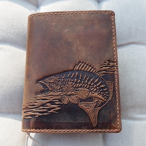 Carteira masculina de couro legítimo feita à mão | Carteira dobrável com segurança RFID | Presente para ele | Carteira com barco de pesca | Para pescador