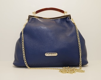 Blue Leather Top Handle Bag with Metal Strap (24 x 29 x 12 cm)