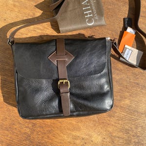 Black Leather Satchel Bag | Handmade Shoulder Bag with Check Lining | Unisex Crossbody Messenger Bag for Everyday Use