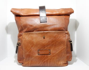 Mochila de cuero hecha a mano – Bolso de viaje naranja con forro de lona roja – Mochila vintage grande – Elegante y duradera