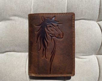 Cartera plegable de cuero marrón hecha a mano: estilo occidental con estampado de caballo