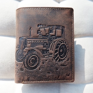 Carteira masculina de couro legítimo feita à mão | Carteira dobrável com segurança RFID | Presente para ele | Design de trator para fazendeiros | 9 x 12 cm