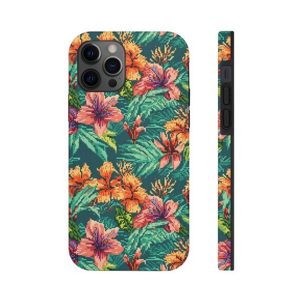 Cross Stitch Styled, Pixelated, Vibrant Bright Orange and Pink Flower Pattern, Tough Phone Cases, iPhone Case