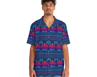 Vibrant Neon Retro Styled Palm Tree Men's Hawaiian Shirt, Vacation Shirt, Summer Shirt