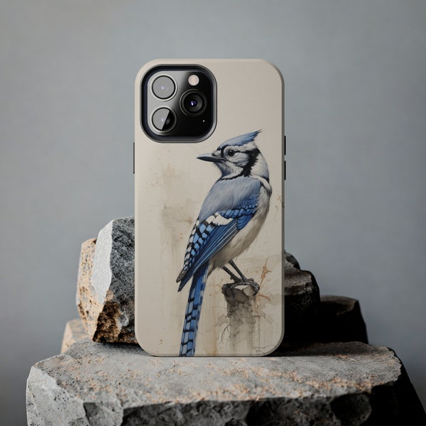 Wet Ink Drawing, Blue Jay, Profile View, Bird, Animal, Blue Ink, White Background, Tough Phone Cases, iPhone Cases