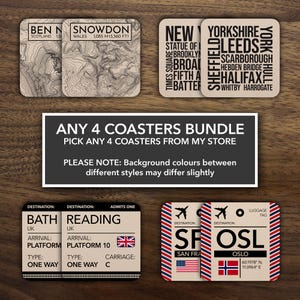 May include: A collection of square coasters with various designs. Some feature topographic maps of locations like Ben Nevis and Snowdon. Others display city names such as New York and Leeds. The image also includes coasters designed as luggage tags and train tickets.
