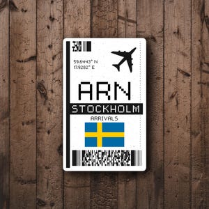 May include: A white sticker with a design resembling an airport luggage tag. It features the text "ARN STOCKHOLM ARRIVALS", a silhouette of an airplane, a Swedish flag, and barcode elements. The sticker is set against a wooden background.