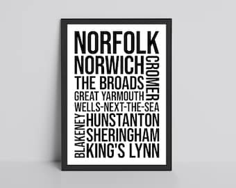 Norfolk Typography Glossy Print | Norwich Word Art Travel Print | Cromer, England Travel Poster | UK Travel Decor | Great Yarmouth Print