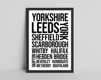 Yorkshire Cities Word Art Glossy Print | Leeds Travel Print | York Glossy Print | City Travel Print | Collage Print | Yorkshire Poster