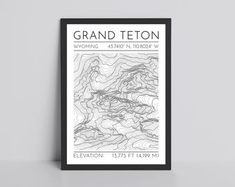 Grand Teton Topography Map Glossy Print | Wyoming Contour Lines Print | Topographic Print | Hiking Travel Print | Grand Teton National Park