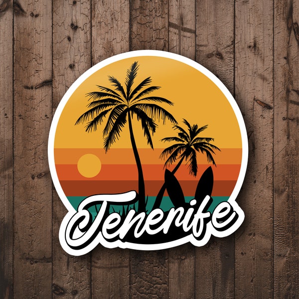 Retro Sunset Tenerife Glossy Sticker | Canary Islands Sticker | Retro Travel Sticker | Laptop/Luggage Sticker | Palm Trees Sticker | Beach