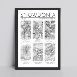 May include: A framed black and white print featuring a topographic map of Snowdonia, Wales. The print includes the text "SNOWDONIA" and the names of several peaks with their heights in metres. The print is a landscape orientation.