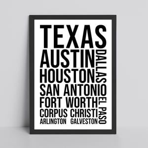 Texas Cities Word Art Glossy Print - Austin, Houston, Dallas Typography Collage Poster