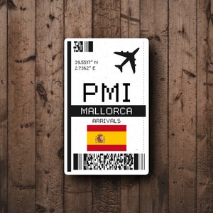 PMI Mallorca, Spain Boarding Pass Glossy Travel Sticker | Palma de Mallorca Travel Sticker | Airport Sticker | Laptop/Luggage Sticker