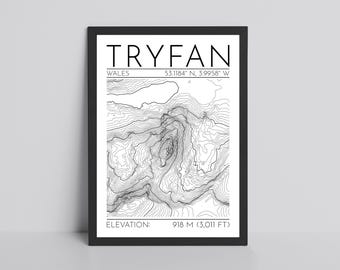 Tryfan Contour Map Glossy Print | Snowdonia Topography Print | Wales Topographic Print | Hiking Travel Print | Welsh Mountain Print
