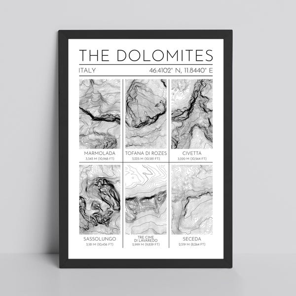 The Dolomites Mountains Contour Glossy Print - Italy Skiing Topography Travel Print