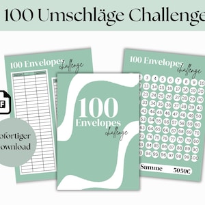 Könnte beinhalten: Drei mintgrüne, druckbare Blätter für eine 100-Umschläge-Challenge. Die Blätter enthalten einen Tracker, eine nummerierte Liste und eine Titelseite. Der Text "100 Umschläge Challenge" wird auf jedem Blatt angezeigt. Ein PDF-Symbol ist sichtbar.